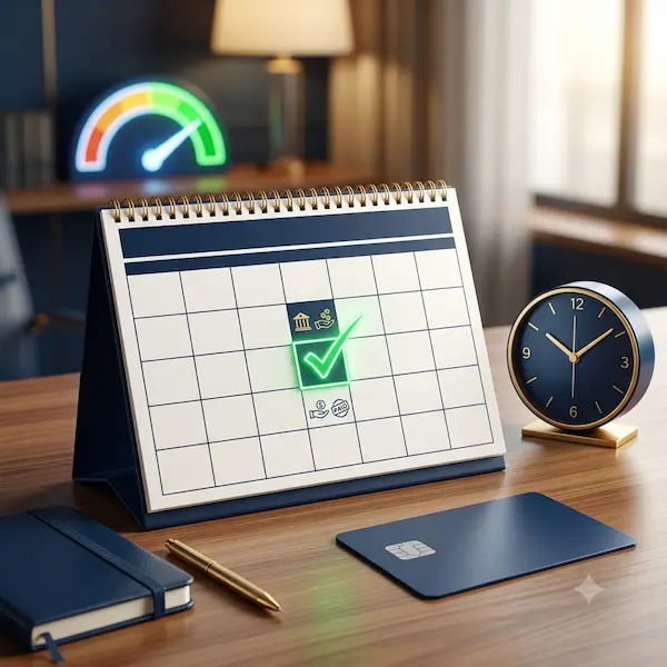 Calendario de pagos junto a una tarjeta de crédito y un medidor de credit score al fondo, representando la importancia de pagar a tiempo.