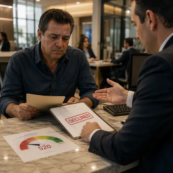 Cliente recibe el rechazo de una solicitud de crédito mientras revisa un reporte con un credit score de 520 puntos.