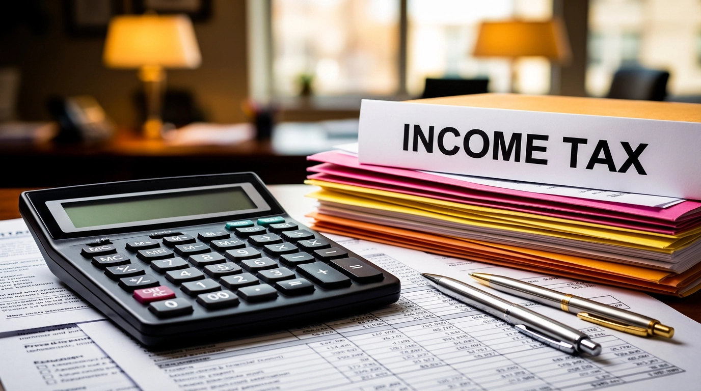 Calculadora y documentos de income tax, preparación de impuestos en oficina
