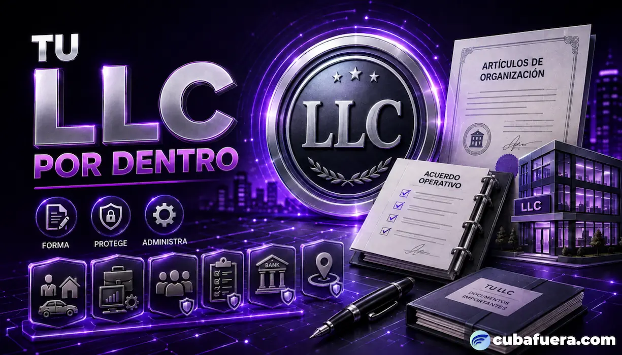 Imagen de la herramienta Tu LLC por dentro con sello LLC, artículos de organización, acuerdo operativo, estructura empresarial, cuenta bancaria y cumplimiento — cubafuera.com