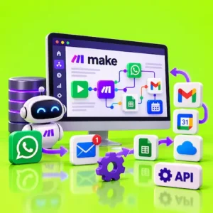 Automatización de tareas con Make, correo electrónico, WhatsApp, calendario y servicios conectados.