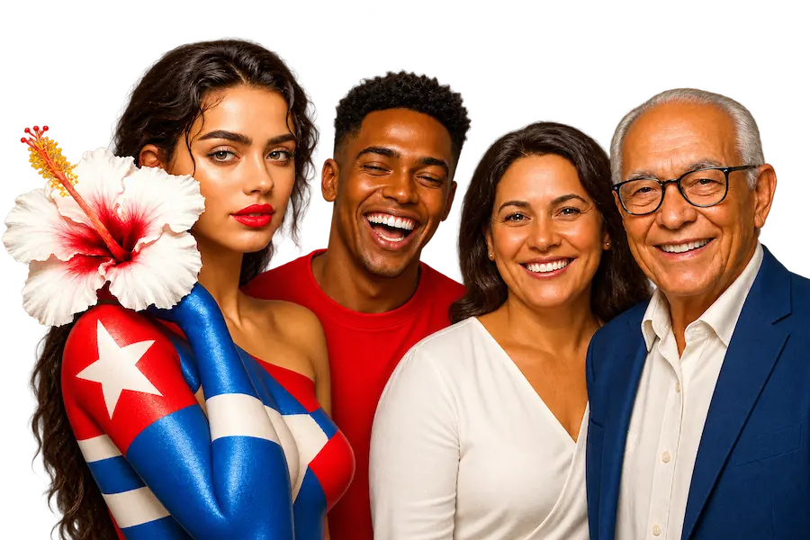 Cuatro cubanos de distintas generaciones sonriendo juntos; una joven lleva la bandera cubana pintada y una flor de marpacífico en el pelo.