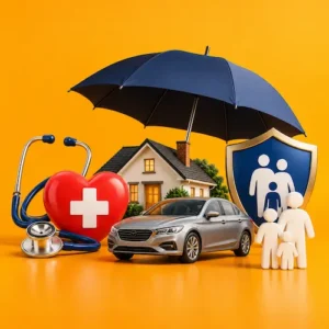 Ilustración de seguros de salud, auto, propiedad y vida en Estados Unidos.