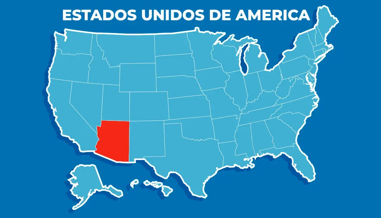 Mapa de Estados Unidos con el estado de Arizona resaltado en rojo.
