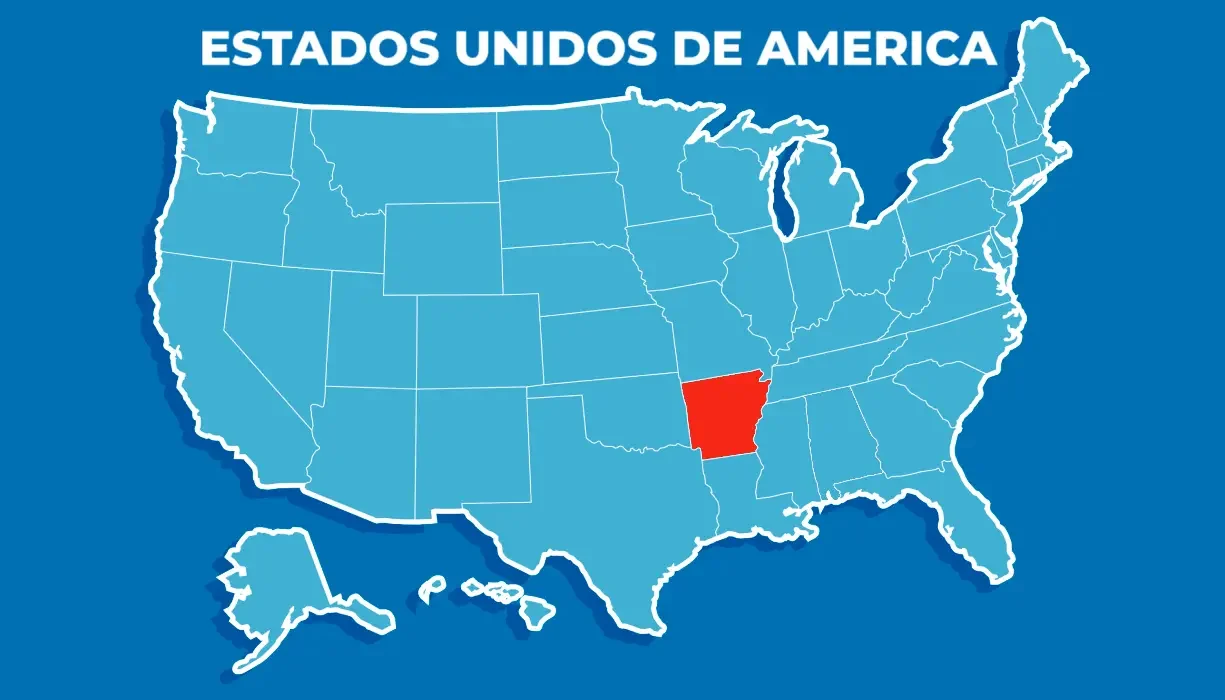 Mapa de Estados Unidos con Arkansas resaltado como el estado 25