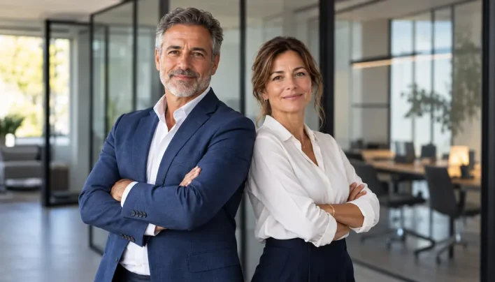 Dos profesionales con los brazos cruzados y una expresión cercana en una oficina moderna.