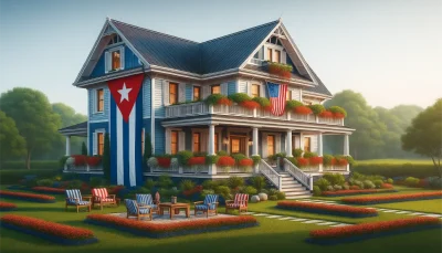 Casa en USA con bandera americana frente al jardín, símbolo del sueño de tener vivienda propia.