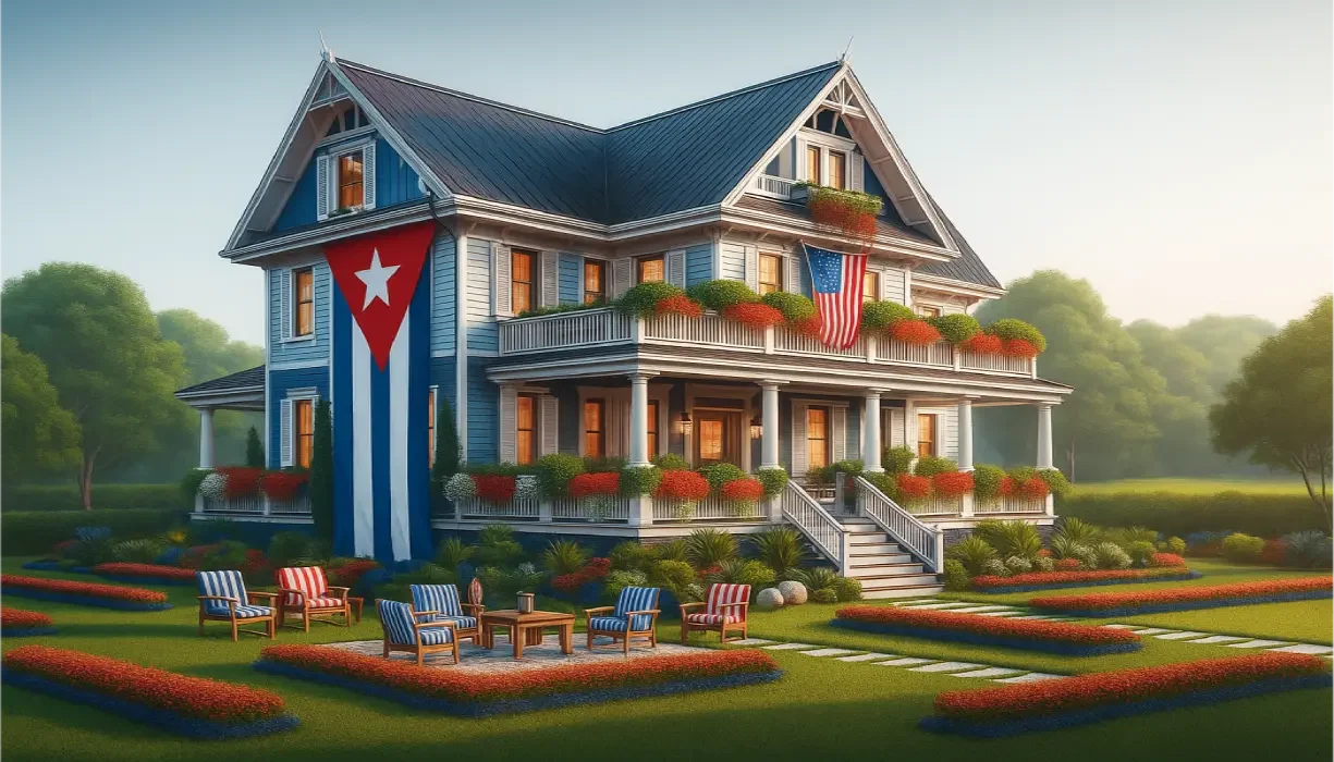 Casa grande con bandera cubana y estadounidense en EE.UU., símbolo del sueño de tener casa propia como inmigrante.