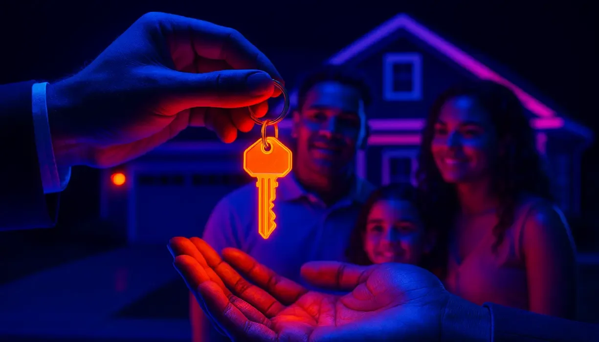 Realtor entrega las llaves de una casa nueva a una familia hispana en EE.UU., iluminada con efectos neón.