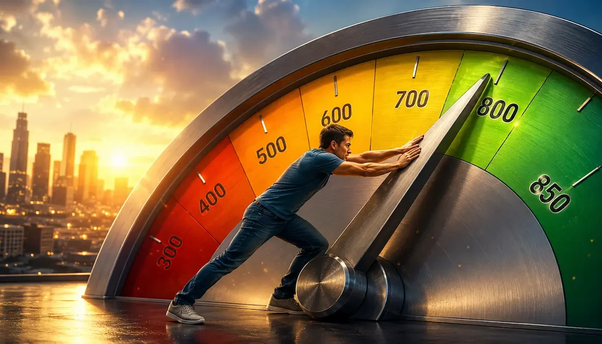 Hombre empujando la aguja de un gran medidor de credit score desde la zona roja hasta la verde, simbolizando el esfuerzo necesario para mejorar el historial crediticio.