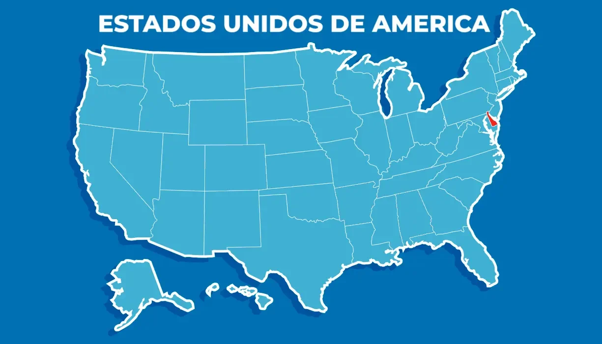 Mapa de USA con Delaware resaltado para el artículo de Esencia USA.