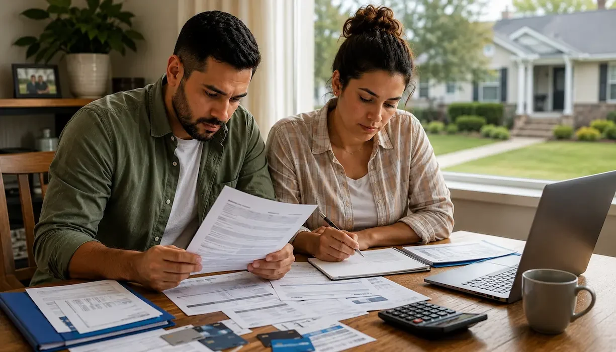 Pareja organizando sus finanzas y requisitos para comprar una casa en USA.