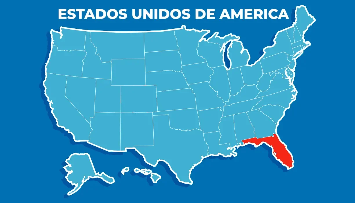 Mapa de Estados Unidos con Florida resaltado como el estado 27