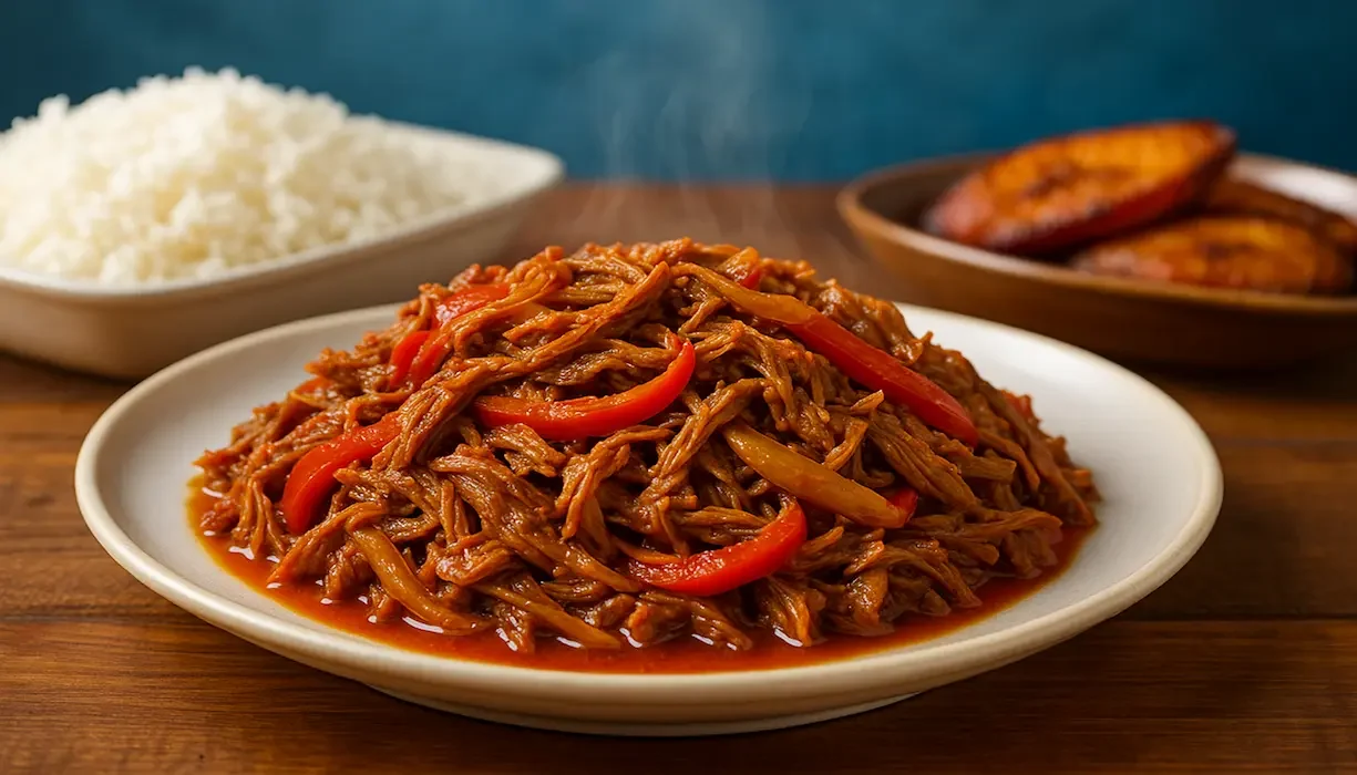 Plato de ropa vieja cubana con pimientos y cebolla, acompañado de arroz blanco y plátanos maduros fritos.