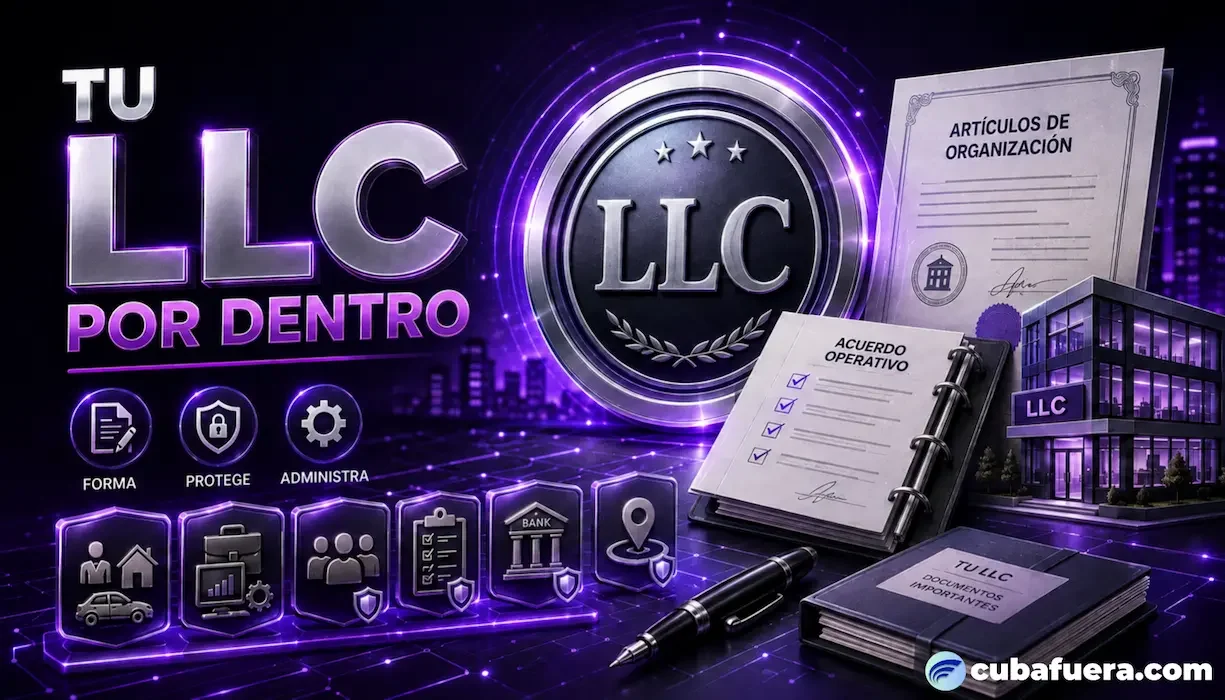 Imagen de la herramienta Tu LLC por dentro con sello LLC, artículos de organización, acuerdo operativo, estructura empresarial, cuenta bancaria y cumplimiento — cubafuera.com