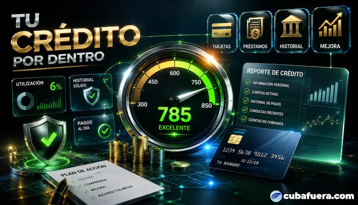 Panel visual de análisis de crédito con medidor de score de 785 puntos, tarjetas de utilización, historial de pagos y reporte de crédito — herramienta Tu crédito por dentro de cubafuera.com