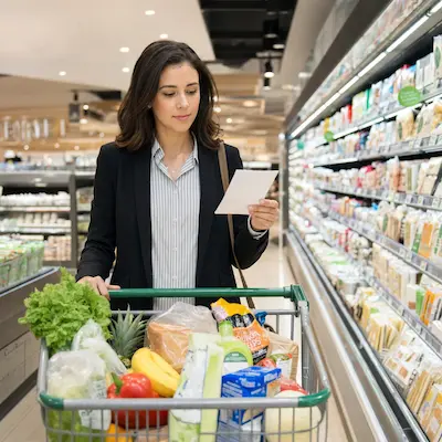 Persona organizada haciendo compras por encargo en un supermercado