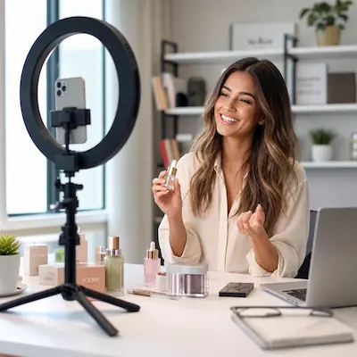 Influencer creando contenido promocional para una marca con celular, aro de luz y productos