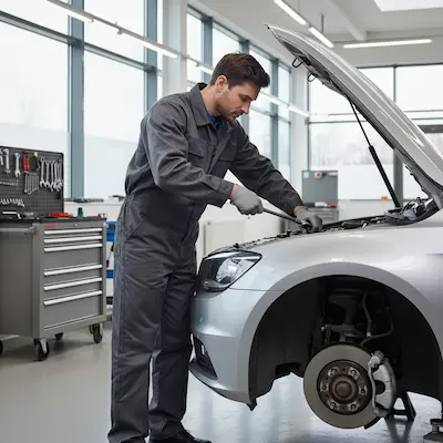 Mecánico revisando motor de automóvil en taller