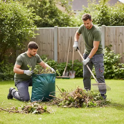 Trabajadores limpiando jardín y recogiendo desechos